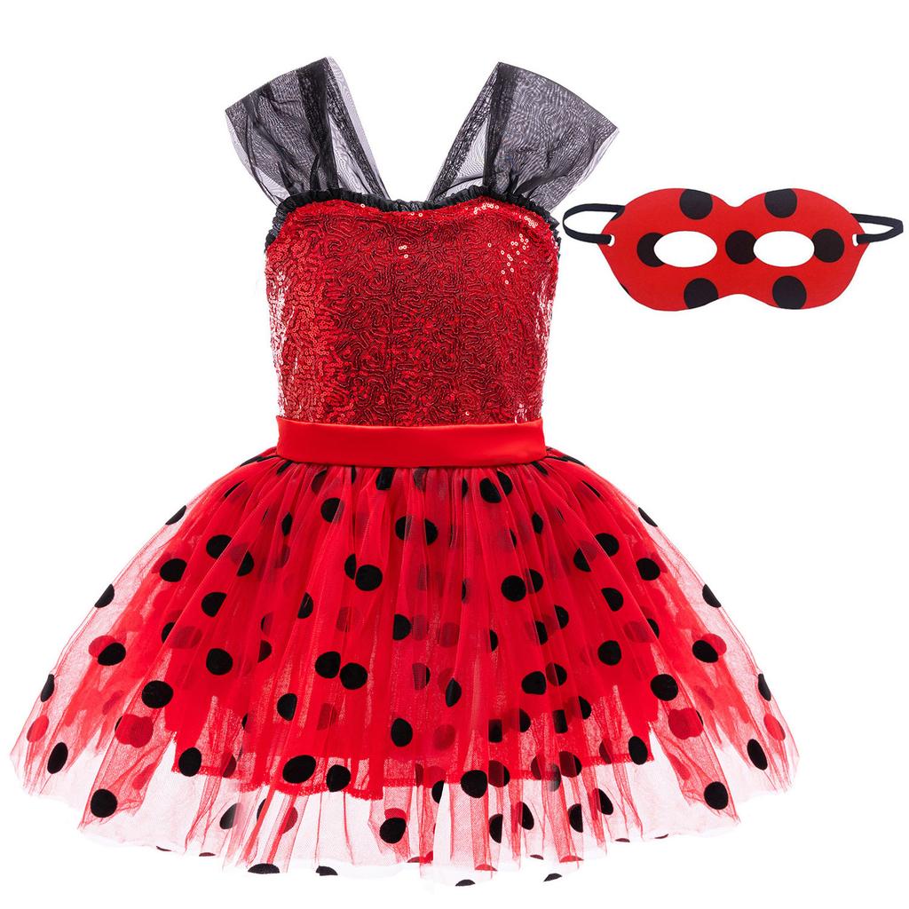 Girls Ladybug Red Costume Set with Wig Mask Dress Bag Gloves Socks Kids Halloween Cosplay Party Fancy Dress Outfit 3-10T