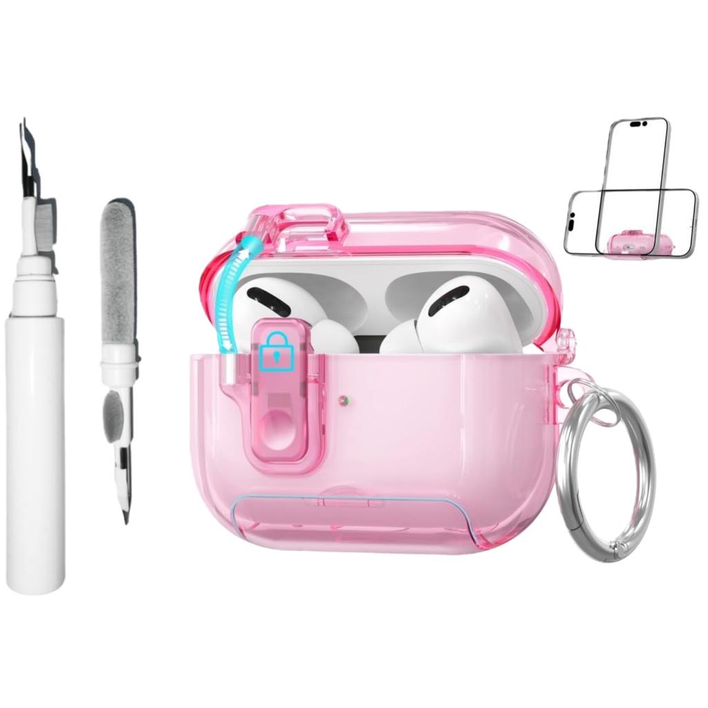 Transparente Hülle für AirPods Pro 3 Hülle mit Handyhalterung und Sicherheitsverschluss Automatisches Aufklappdeckeldesign mit Reinigungsstiftabdeckung für AirPods Pro 3