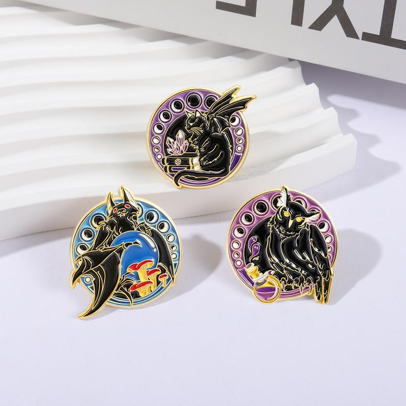 Moon Phrase Black Animal Enamel Pins Bat Cat Owl Brooches Lapel Badges Punk Gothic Jewelry Gift for Family Friends