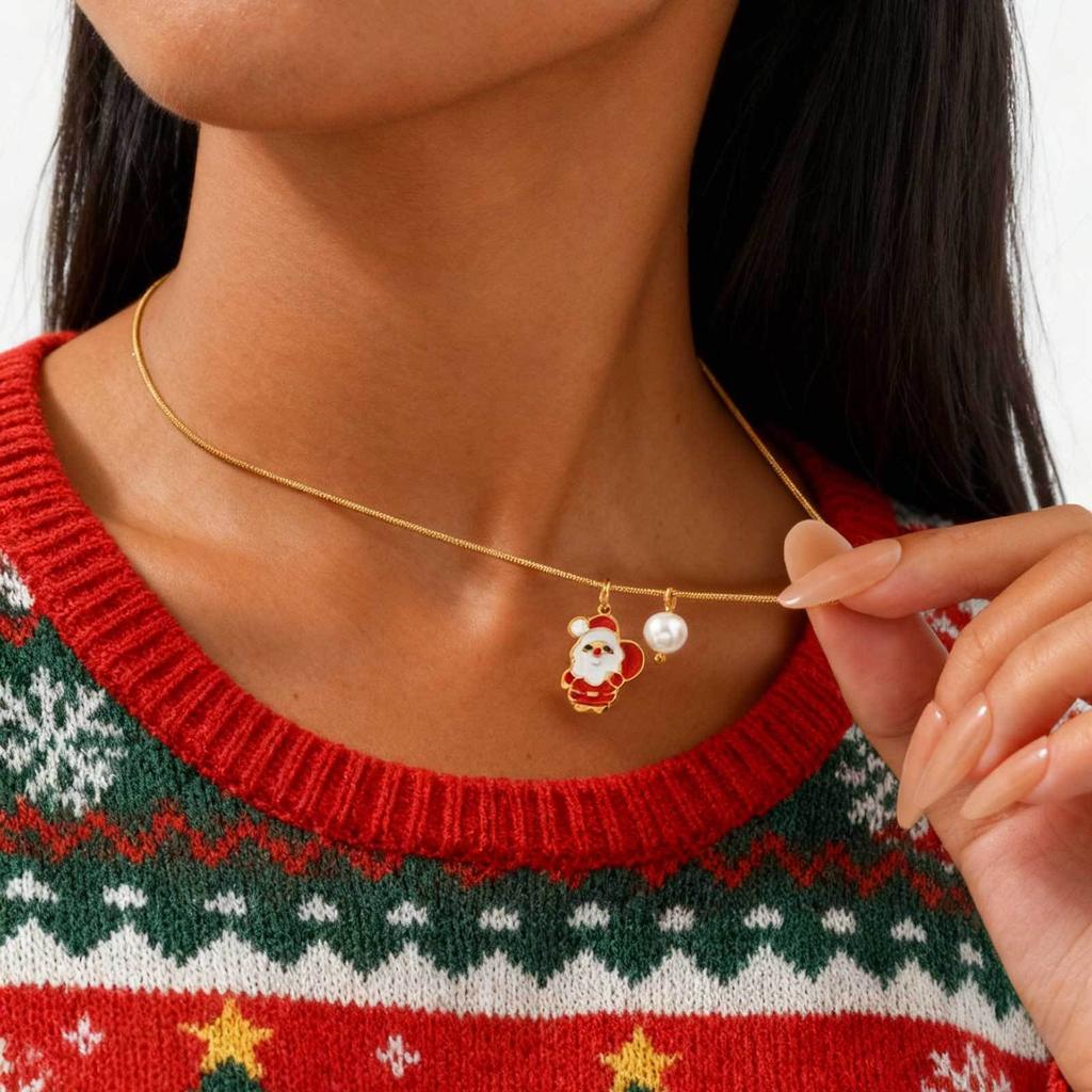 Santa Claus Wreath Pendant Round Snake Chain Necklace, Stainless Steel Plated 18K Gold Christmas Ornaments Women