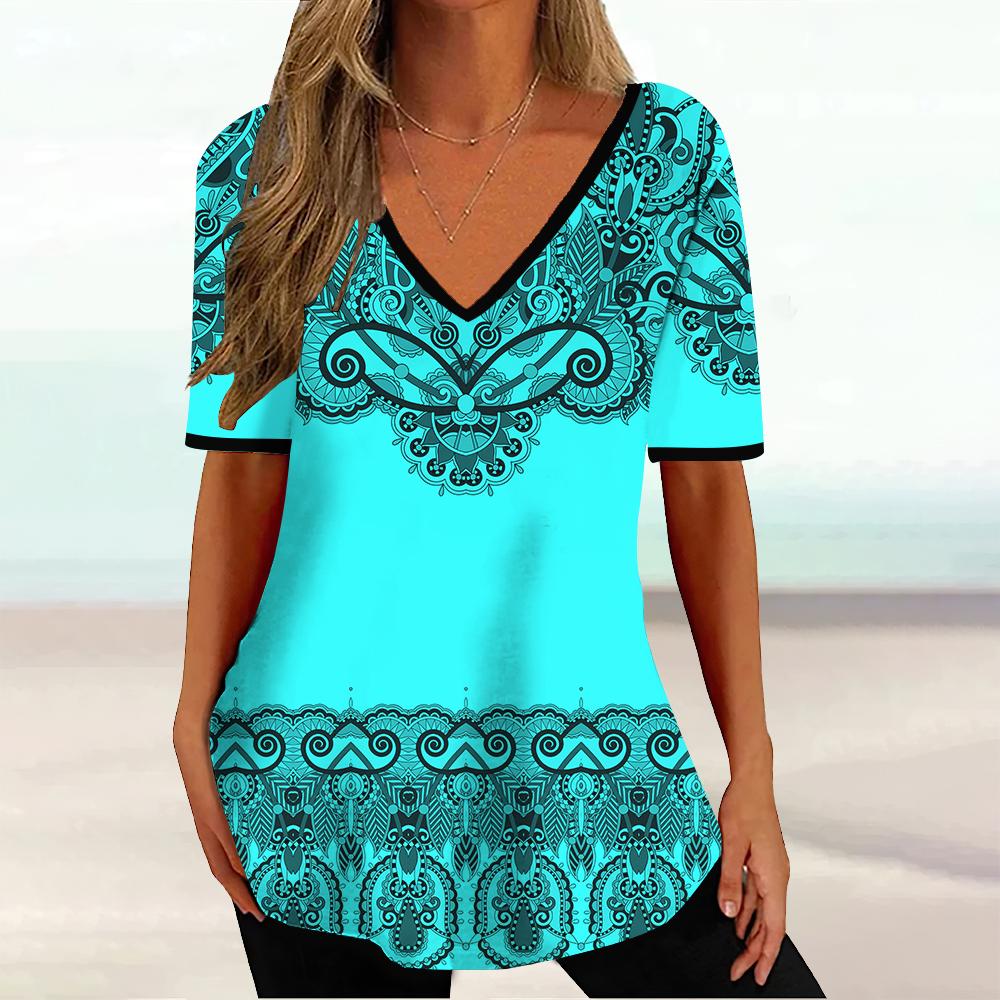 Summer V-neck 3D Geometric Striped Printed Top Fashionable Casual Short Sleeved Women's T-shirts