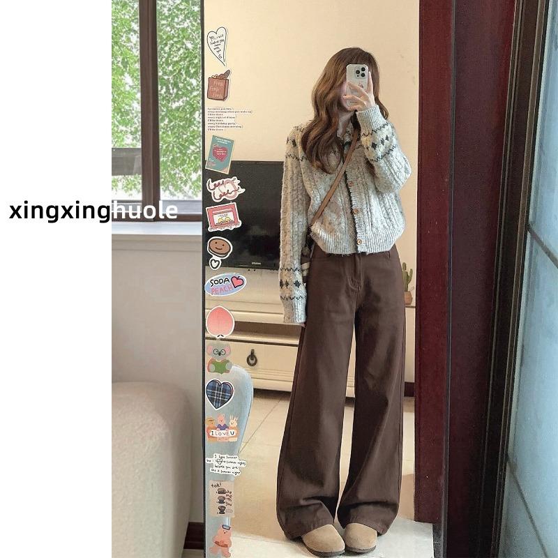Coffee Straight Jeans Women's, New Autumn High-waisted Straight Pants Wide-leg Loose and Thin Pants Women's