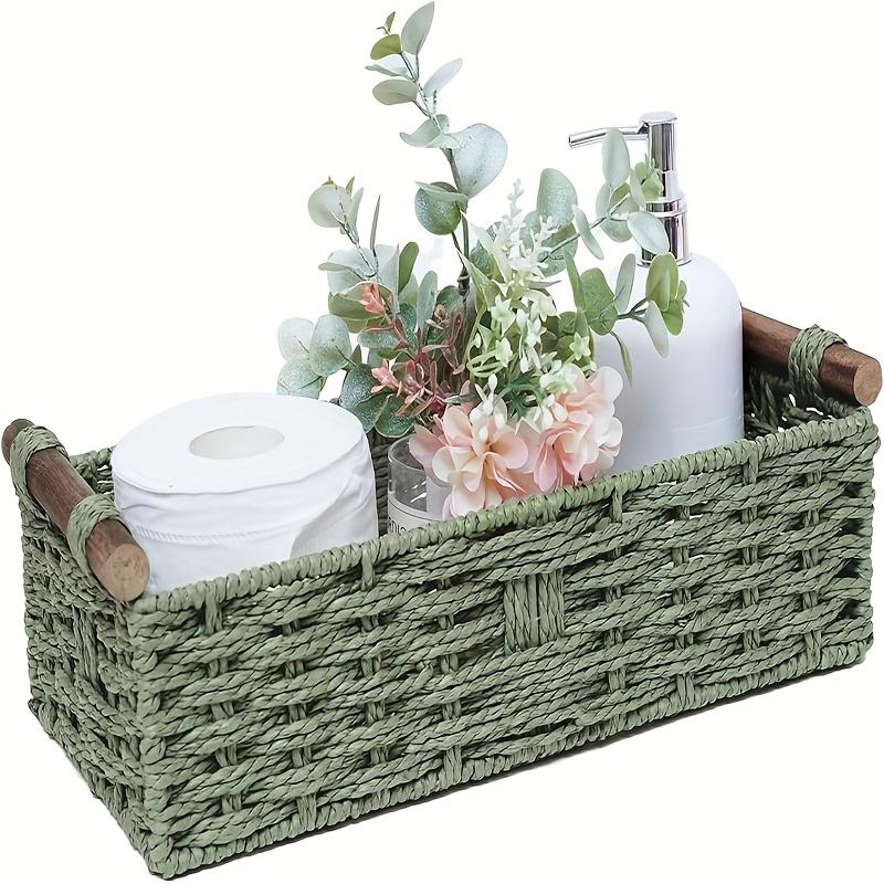 

Green Wicker Basket with Handle - Multipurpose Storage for Toilet Paper, Countertop, Shelf Organizer, Home Decor