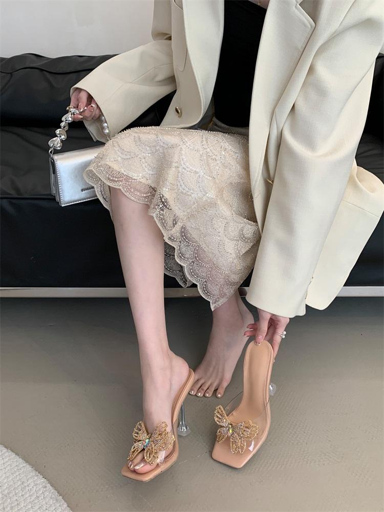 Fashion Eilyken 2025 Summer PVC Transparent Butterfly-knot Square Toe Woman Slippers Fashion Crystal High Heels Slide Shoes