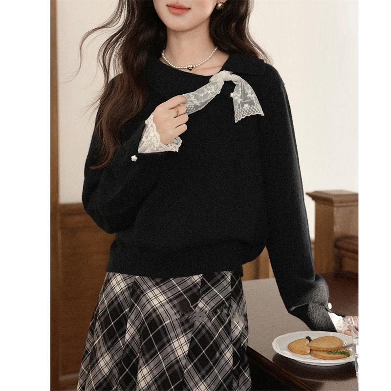 

Autumn and Winter Collar Lace Strap Pullover Sweater for Women Long Sleeve Loose Knitted Top 2XL чорний