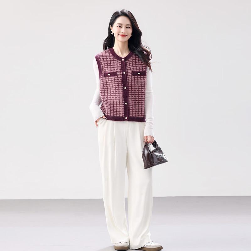 Women's Plaid Wool Blend Sleeveless Cardigan Vest