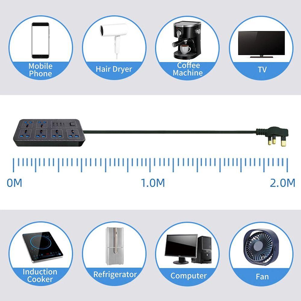 6 AC Sockets & 3 USB Power Multi Tap 2m Extension Cord Electrical Socket Outlet Power Strip  Charge