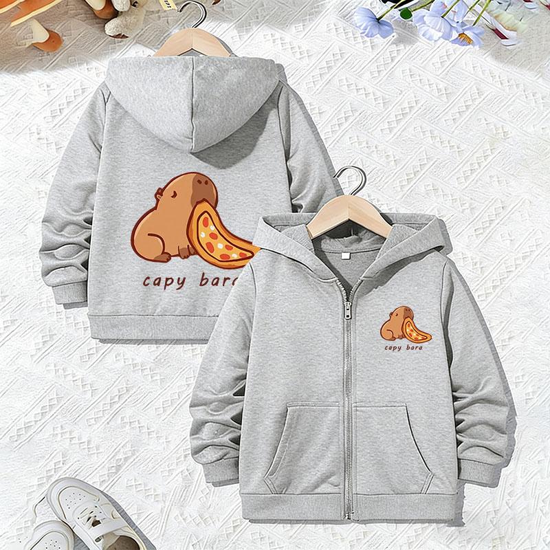 Cute Capybara with Food Design Hoodie Jacket for Boys Girls Zipper Spring and Autumn Trendy Animal Cartoon Sweatshirts Zip Up