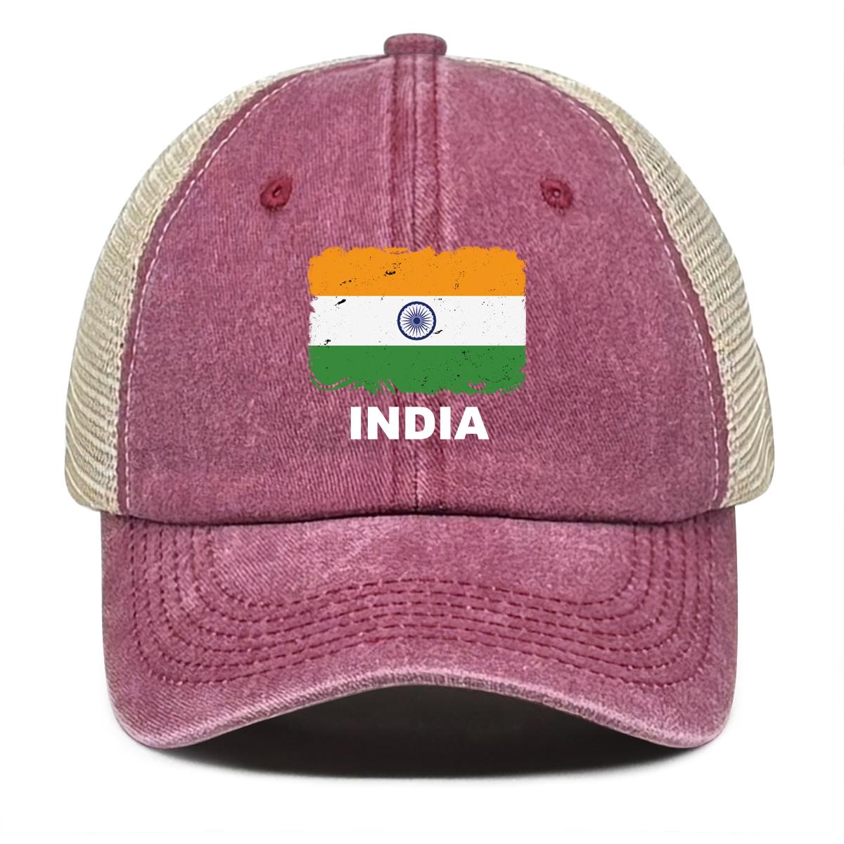 

India Flag Print Adjustable Baseball Cap, Patriotic Woman s Cap Fit Sun Protection Polyester Retro Snapback Mesh Cap as the picture вино красного
