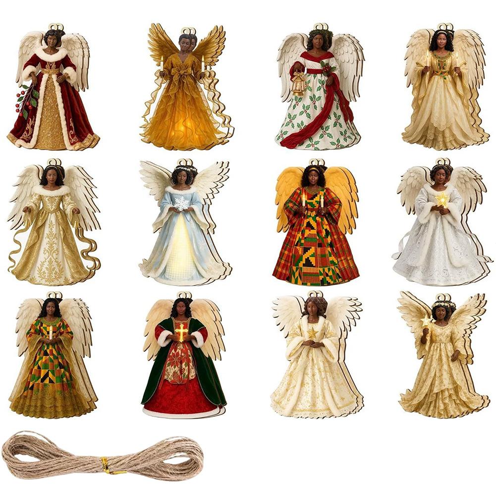

24Pcs/Set Christmas Wooden African American Angel Ornaments 2D Flat Pendant Xmas Tree Hanging Pendent Ornament Keychain Decor