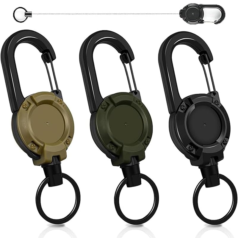 

[KALOLINNA] reel keychain set of 3 metal wire key reel Maximum 60cm telescopic reel strap sturdy super lightweight multifunctional Loss prevention