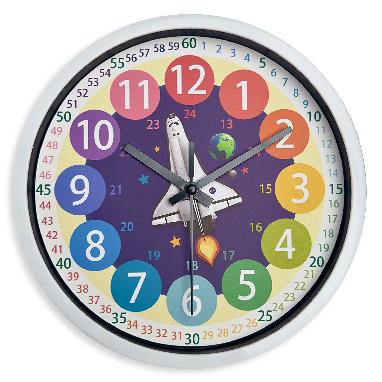 1pc blue cartoon style Spaceship wall clock, Color teaching clock, Quiet non-ticking learning wall clock, Home decoration clock 8inch