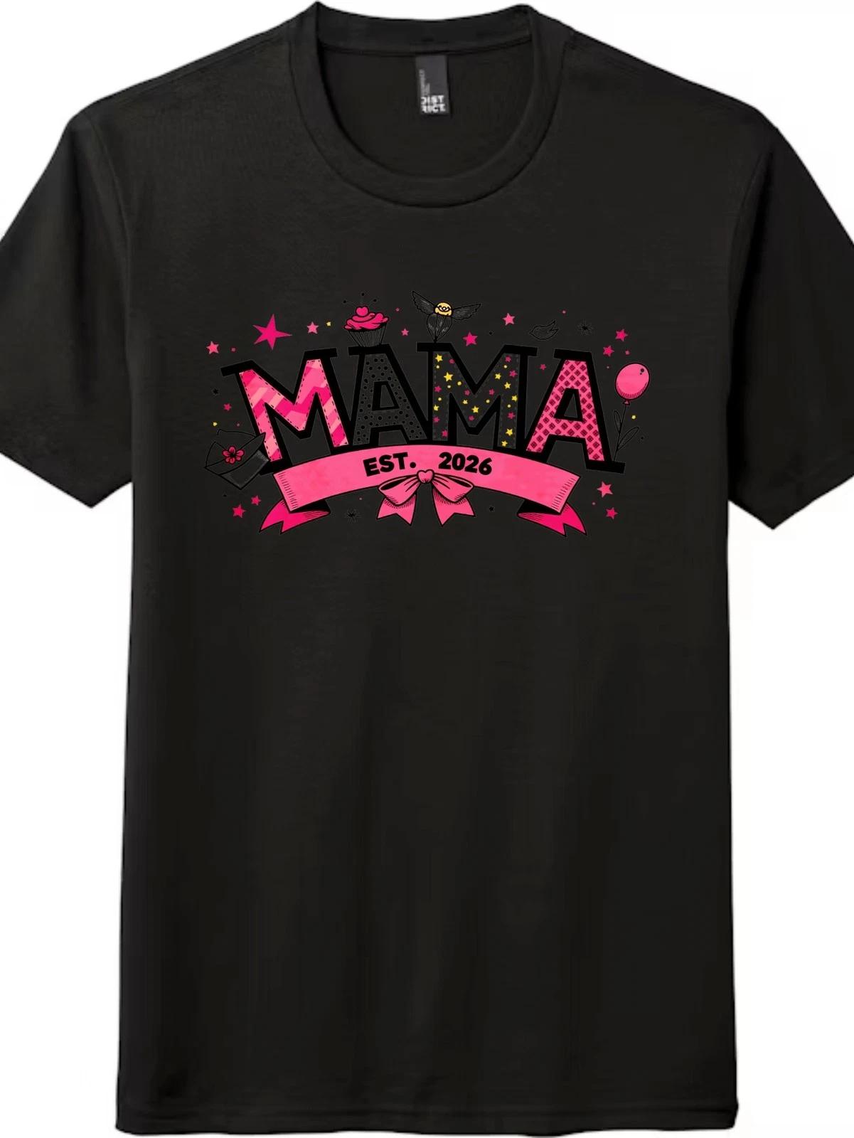 

Vintage Cartoon Mama Graphic T-Shirt Est 2026 Cute Cupcake Balloon Mom Tee S
