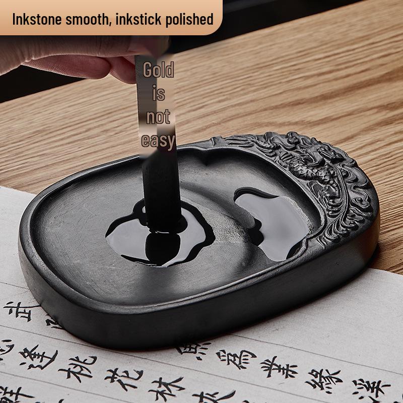 Chengni Inkstone Calligraphy Set: Natural Raw Stone Ink Stick, Duan & She Inkstones, Calligraphy Brush, and Ink Block for Grinding.