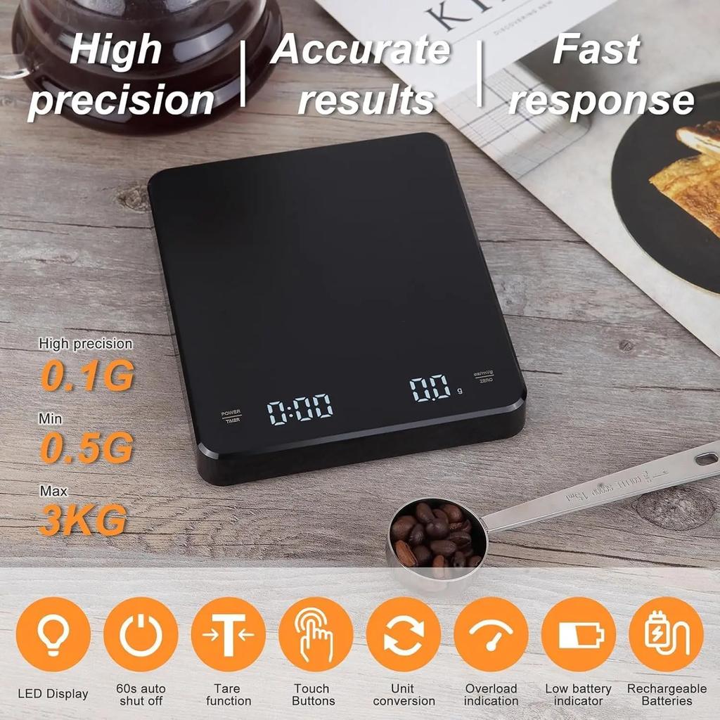 EXSX Digital Coffee Scale with Timer, 3KG/0.1g(ml/oz) High Precision, Auto Tare Function,USB Rechargeable Scale with LED Display