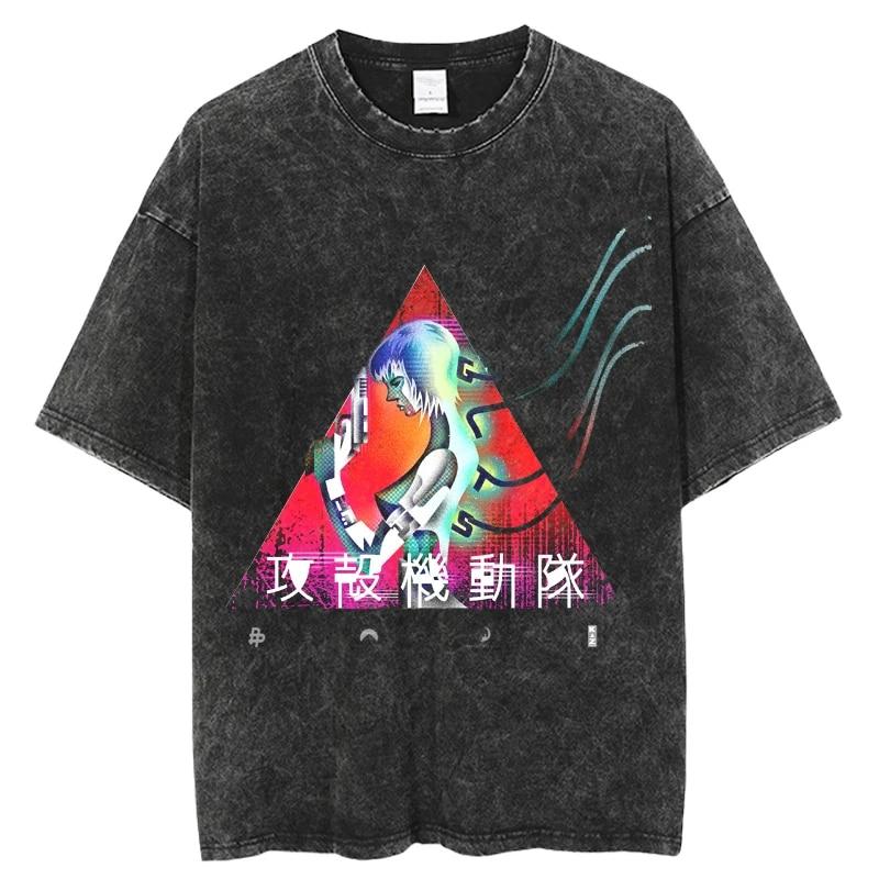 Modisches Ghost in the Shell Anime-T-Shirt mit verwaschenem O-Ausschnitt und kurzen Ärmeln für Damen, Schwarz, übergroß, lässig, Hip-Hop-Top