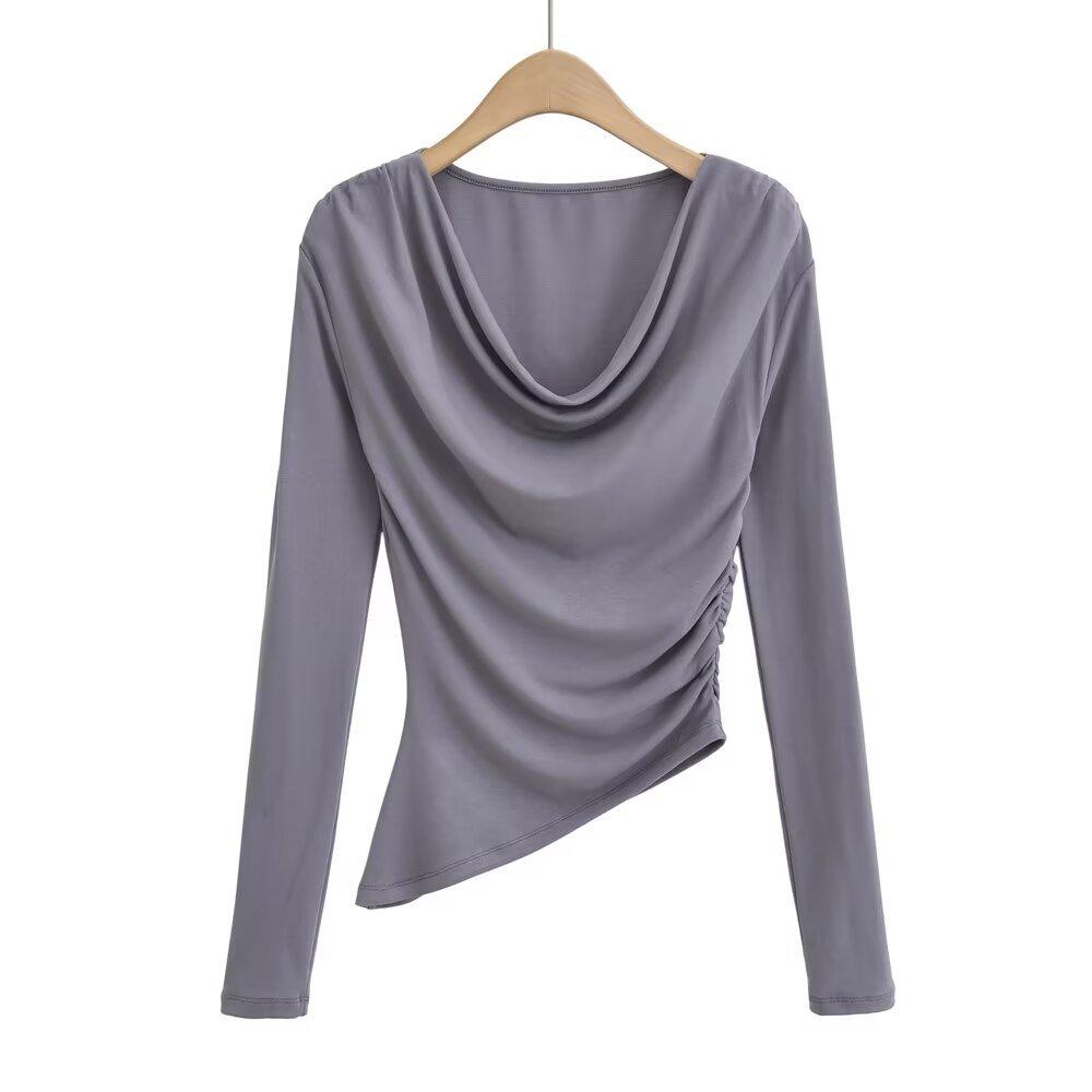 

Асимметричный топ с воротником-хомутом, облегающего кроя, с длинным рукавом для женщин - Коллекция весна 2025 Medium серый