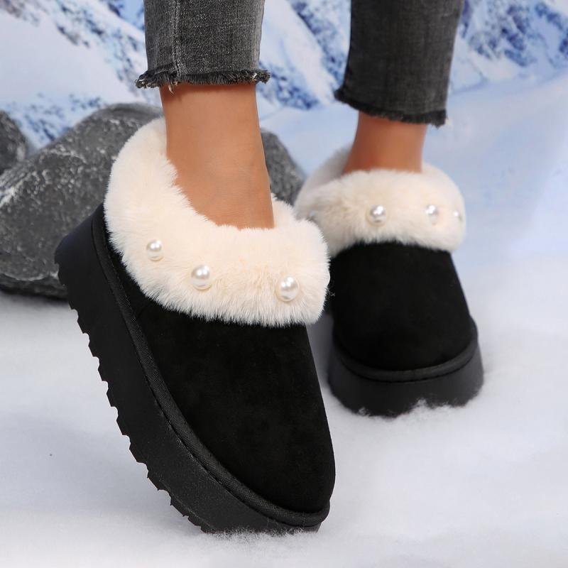 Non Slip Thick Bottom Furry Snow Boots Women 2025 Winter Chunky Platform Wedge Heel Plush Ankle Boots Fluffy Fur Pearl Shoes