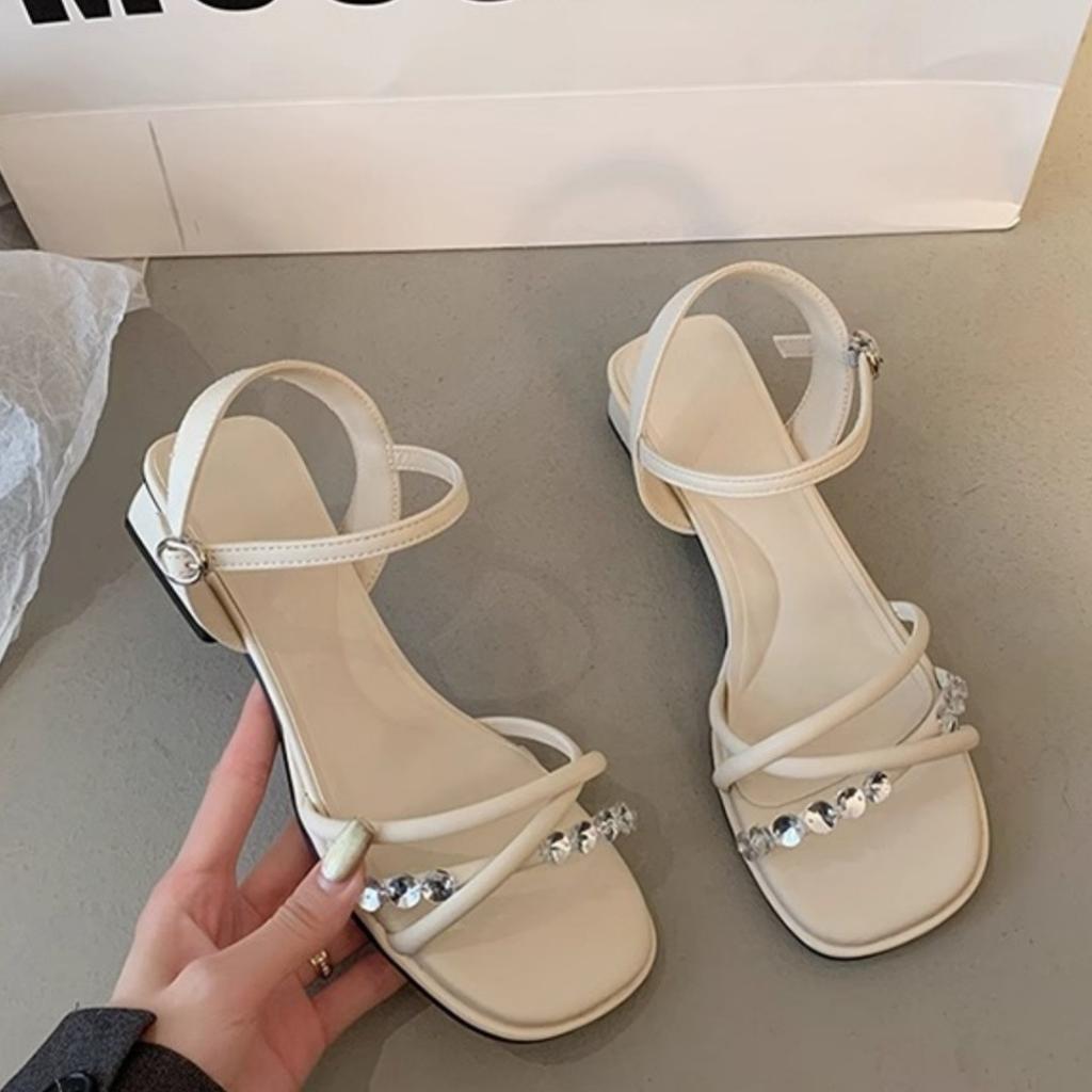 2025 new French high-heeled medium-heeled sandals women's summer shoes with rhinestone thick heels and skirts fairy sandals
