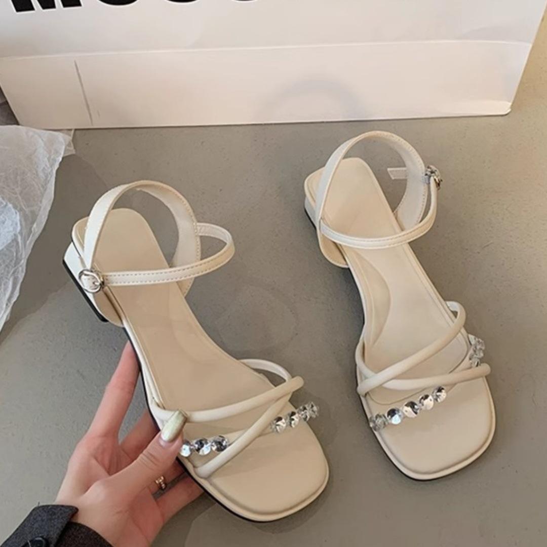 

2025 новые французские босоножки на высоком каблуке, на среднем каблуке, женская летняя обувь со стразами, на толстом каблуке, сказочные сандалии для юбок 40 бежевый