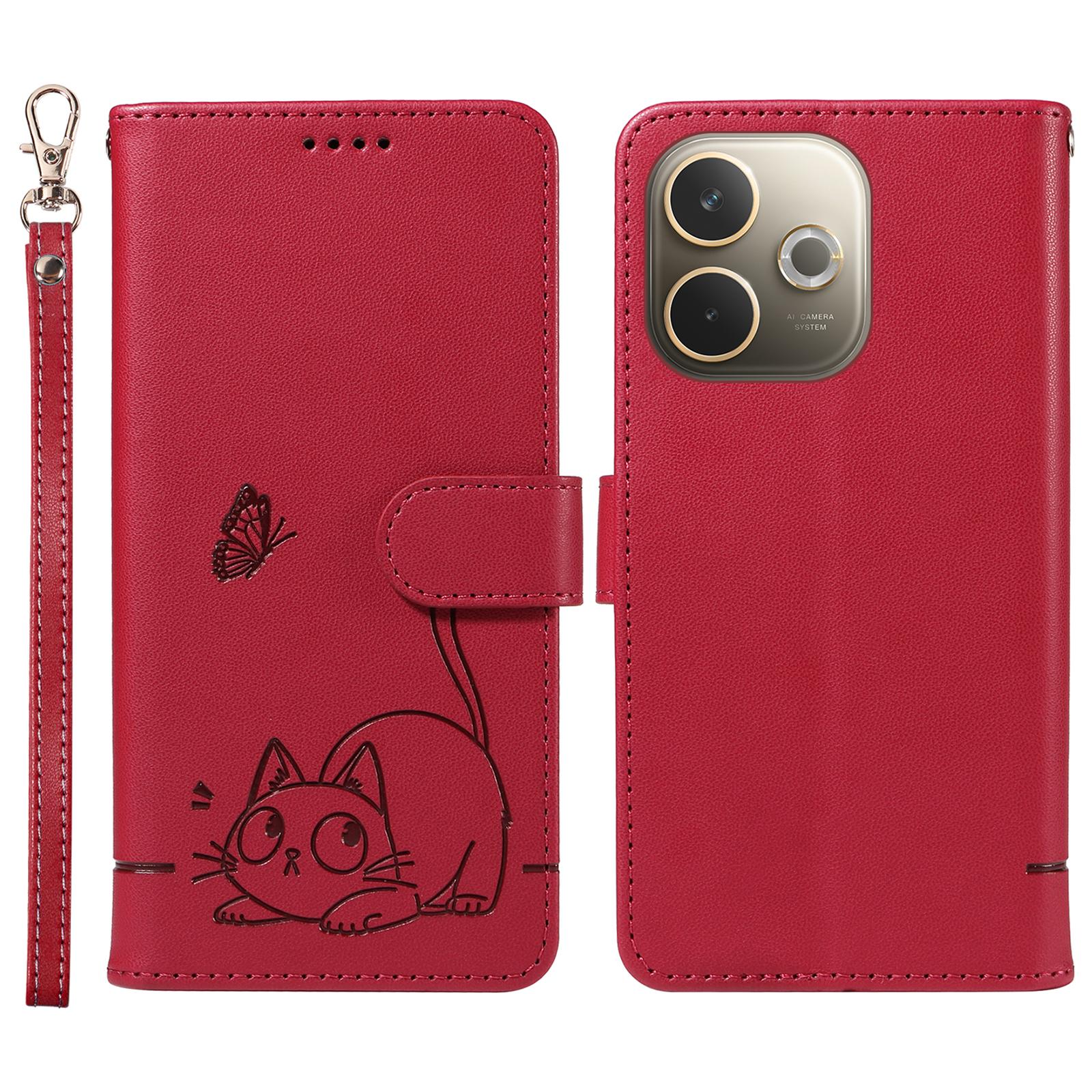 

Для Oppo A5 Pro 5G Чохол-гаманець з ремінцем на зап ястя Тиснення у вигляді кота Шкіряний чохол для телефону Red