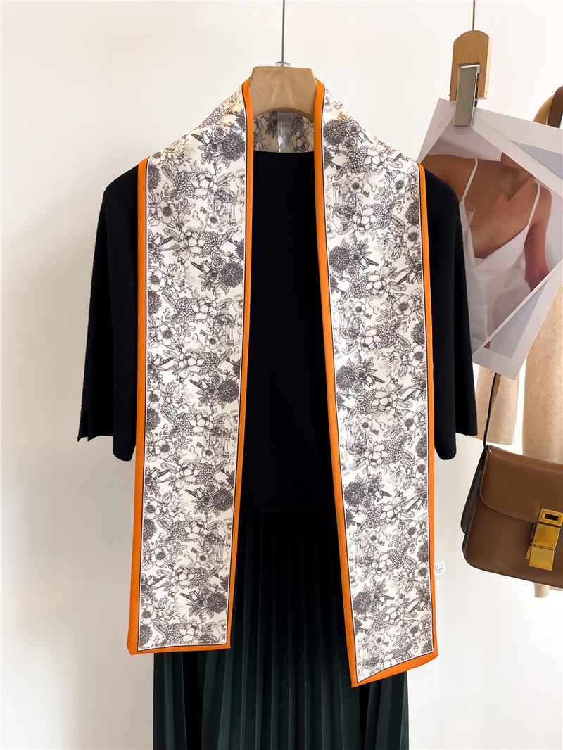 

Fashion Floral Print Silk Scarf Women Thin Neck Long Scarves Narrow Office Lady Shawl Bandanas Female Skinny Hairbands 145x12CM