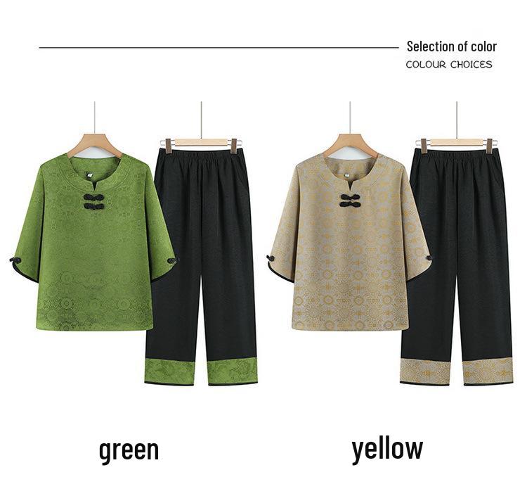 Stylish Summer Two-Piece Set for Elderly Women – Grandma's Mid-Sleeve Top & Fashionable Pants
