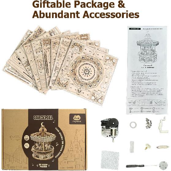 3D Wooden Puzzles for Adults - DIY Wooden Music Box, Merry-go-Round Model Kit - 274 Pieces Wooden Jigsaw - Brain Teaser - Birthday Gift for Boys and