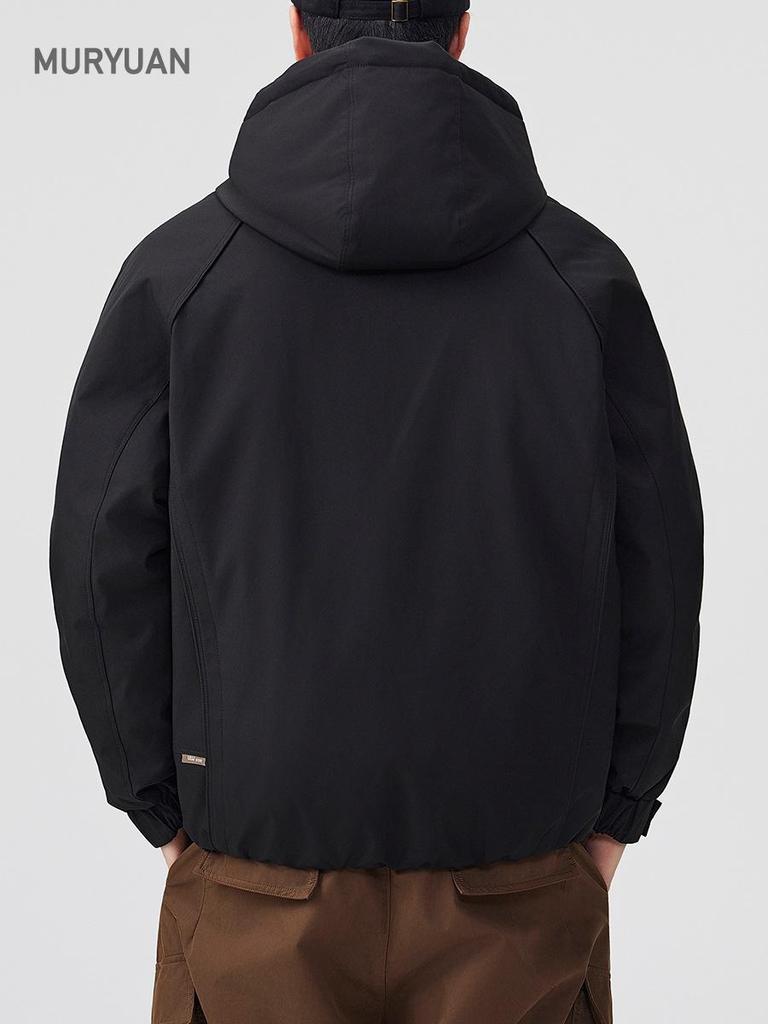 Mu Yuan Men's Deconstructed Hooded Windbreaker Down Jacket - Trendy American Brand Winter Outerwear with White Duck Down.