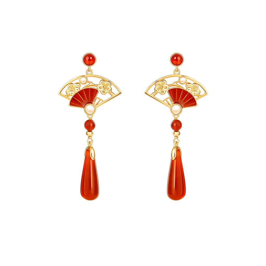 Chinese Retro Elegant Red Pendant Fan Earrings