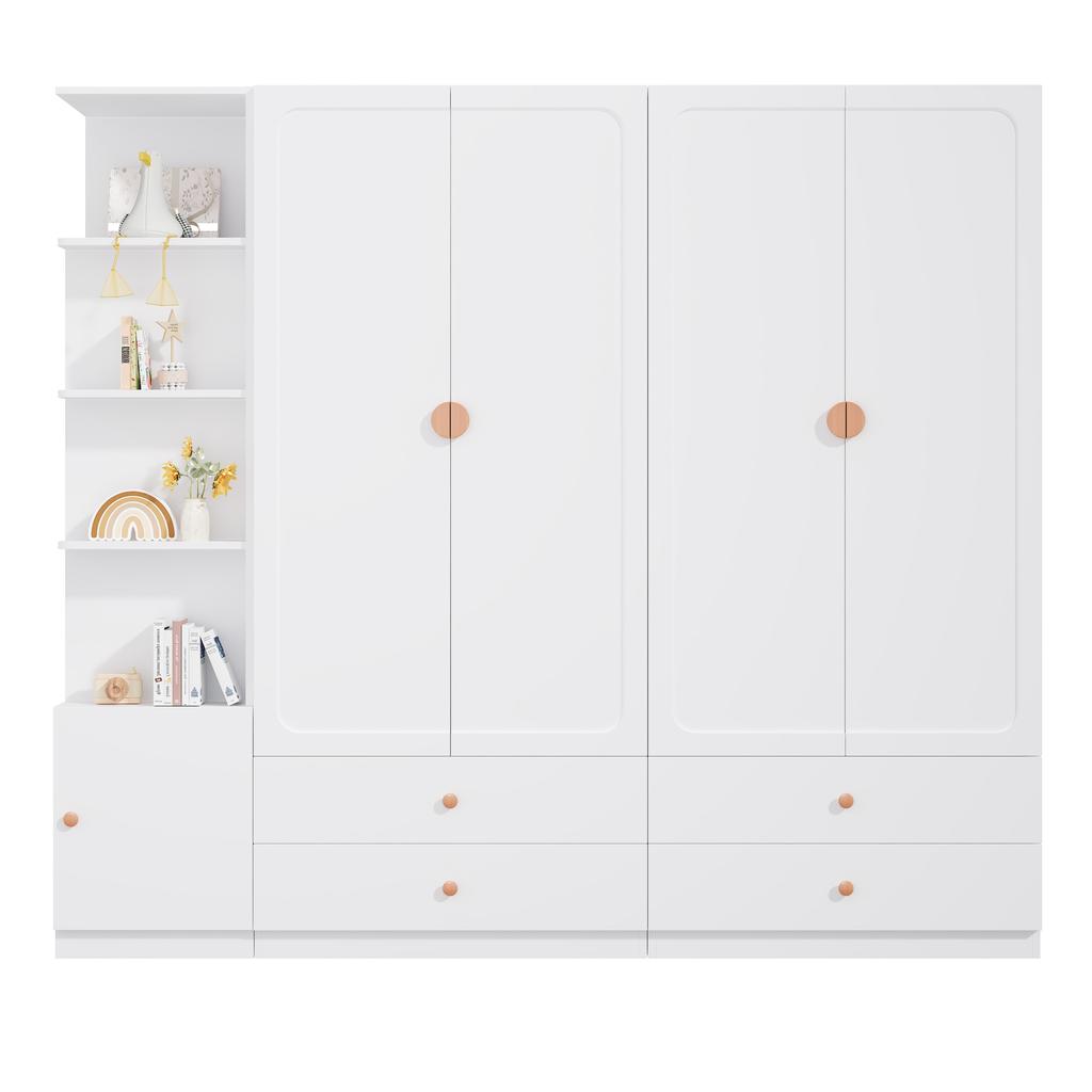Large Wardrobe, White, 200 x 225 x 45 cm, with 3 Clothes Rails, 4 Drawers, Storage Space, for Bedroom, Children's Room, Hallway & Office