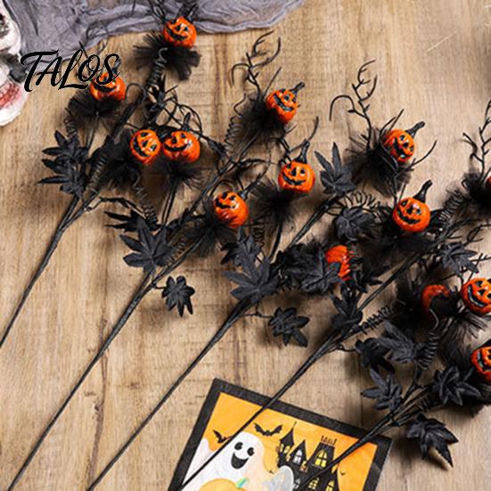 Haunted House Accessories Halloween Pumpkin Stem Decor, Black Maple Leaf Artificial Branch for Indoor Outdoor Decorations Party Scene, Spooky Festive