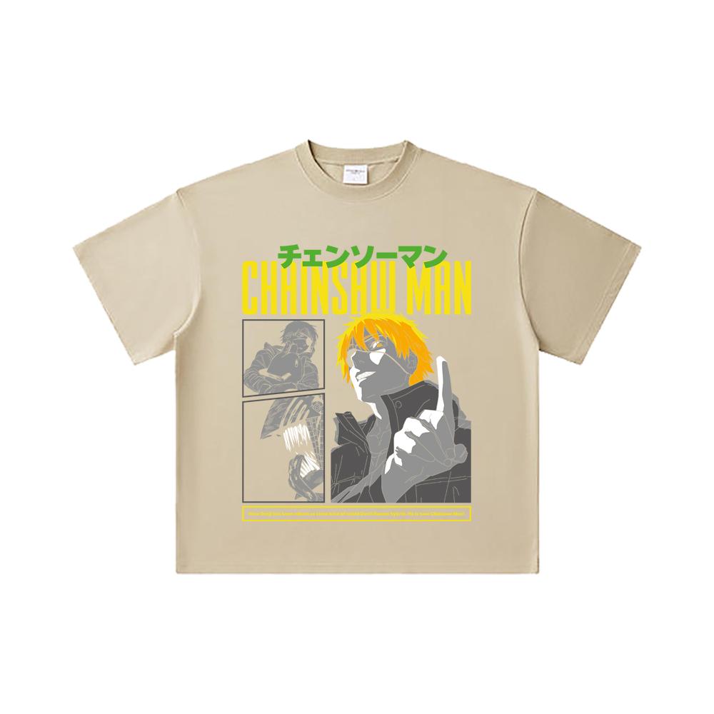 260 GSM Double Yarn 32 Count 100% Cotton Chainsaw Man V45 Denji Print Unisex Heavy Cotton T Shirt
