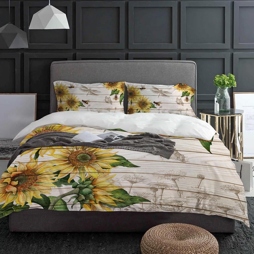 Sunflower Bee Butterfly Wood Texture Duvet Cover With Pillow Case Custom 3pcs Bedding Set Quilt Cover Double Bed Home Textile