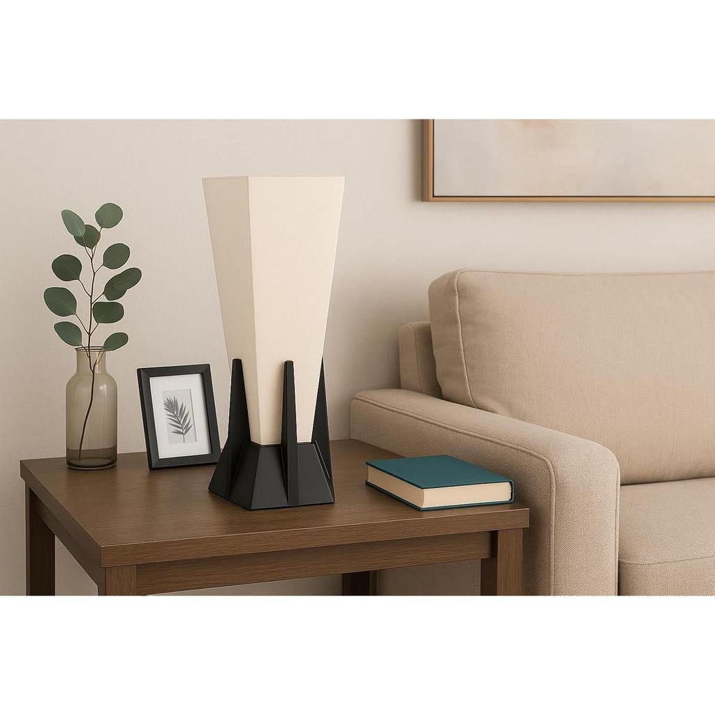 Black Wood & Off-White Fabric Pyramid Table Lamp – 36cm (14") | E27 Holder, No Bulb Included | Minimalist Accent Light for Bedroom,