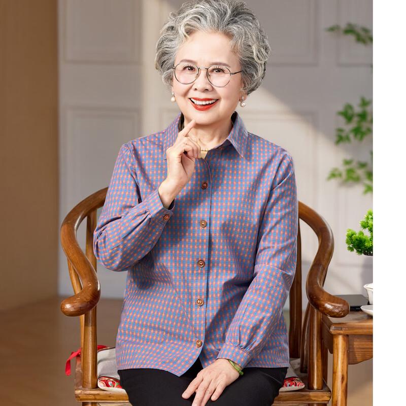 Elderly Women's Spring Plaid Long-Sleeve Shirt
