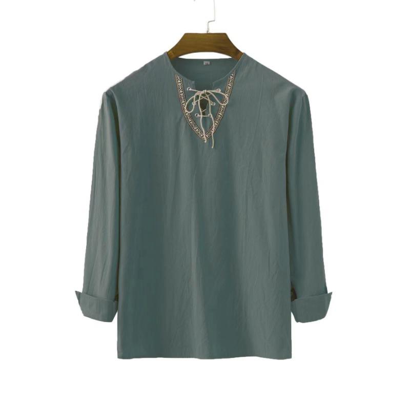 New Men's Loose Solid Color Drawstring Long Sleeve Shirt Cotton Hemp Collar Men's Shirt