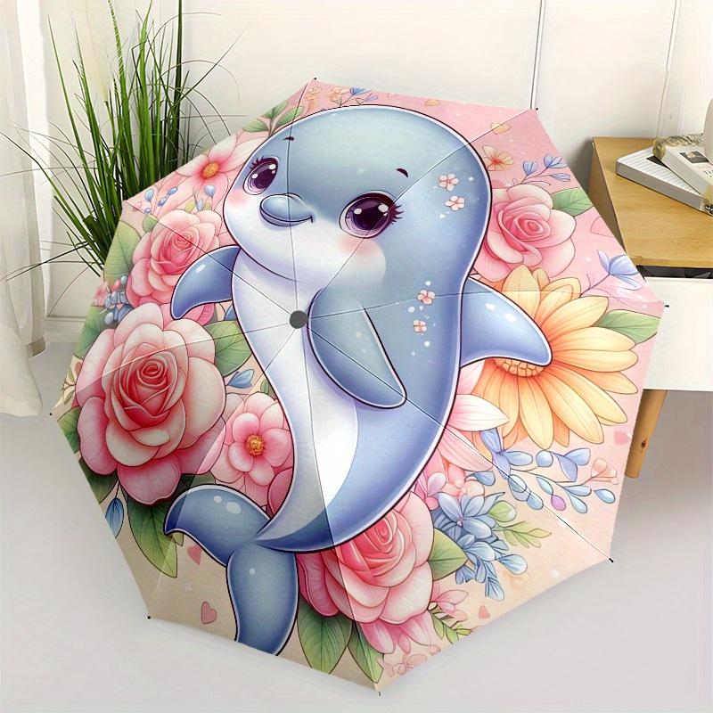 

Dolphin,Flowers Automatic Folding Umbrella Simple 8 Rib Design, Bright Cartoon Pattern, Durable Iron Frame, Suitable For Travel, Outdoor, B
