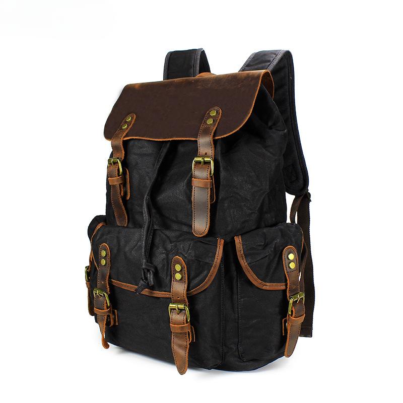 Men's and Women's Backpacks Retro Shoulder Travel Bag Computer Travel Bag Waxed Canvas with Crazy Horse Bag