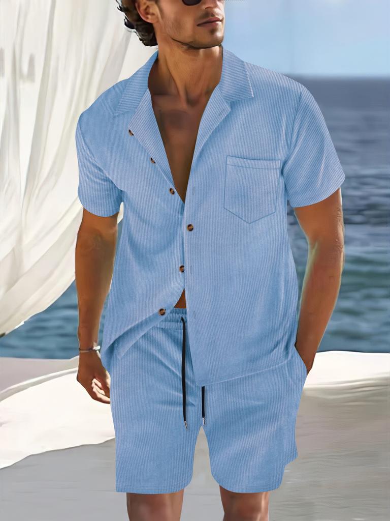 Conjunto de Camisa de Gola Cubana de Manga Curta e Shorts de Verão Masculino, Conjunto Casual Leve de Duas Peças com Caimento Relaxado