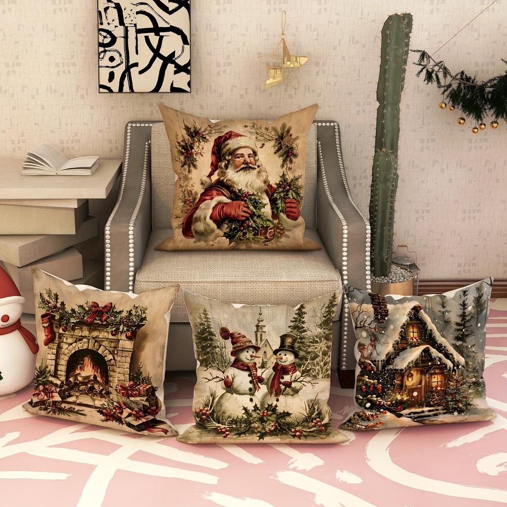 Christmas Decoration Pillow Cover Retro Santa Claus Snowman Pattern Living Room Sofa Cushion Cover Home Farmhouse Decoration