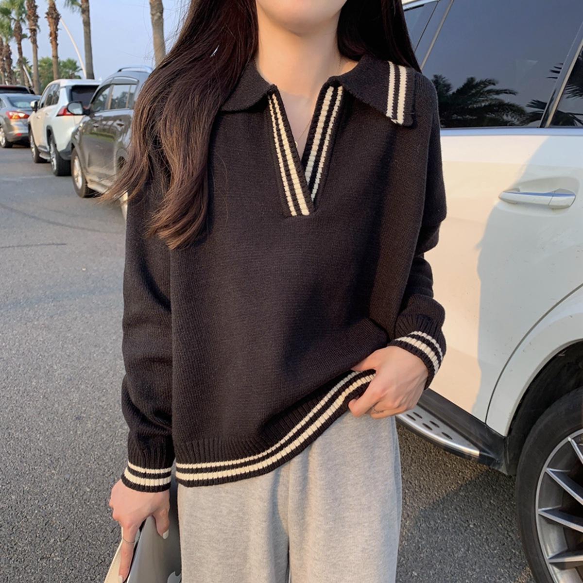 

Korean version of lazy wind polo collar contrasting color knitted sweater women s autumn and winter niche loose and versatile casual one size fits all