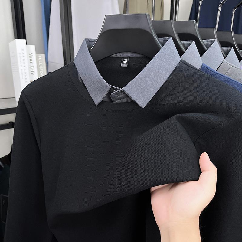 Men's Lapel Fake Two Piece Long Sleeve T-Shirt Autumn Solid Color Breathable Fashion Business Commute Menswear
