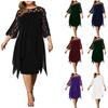 Fashion Women Mesh Chiffon Hollow Out Double Plus Size Dress Paneled 3/4 Sleeve Ragged Hem Chiffon Dress