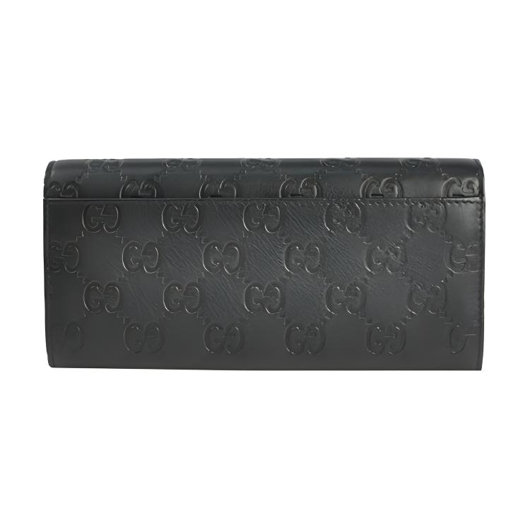 Gucci Metal Plaque Monogram Embossed Long Flap Leather Wallet Women Wallet Black 233112-AA61R-1000