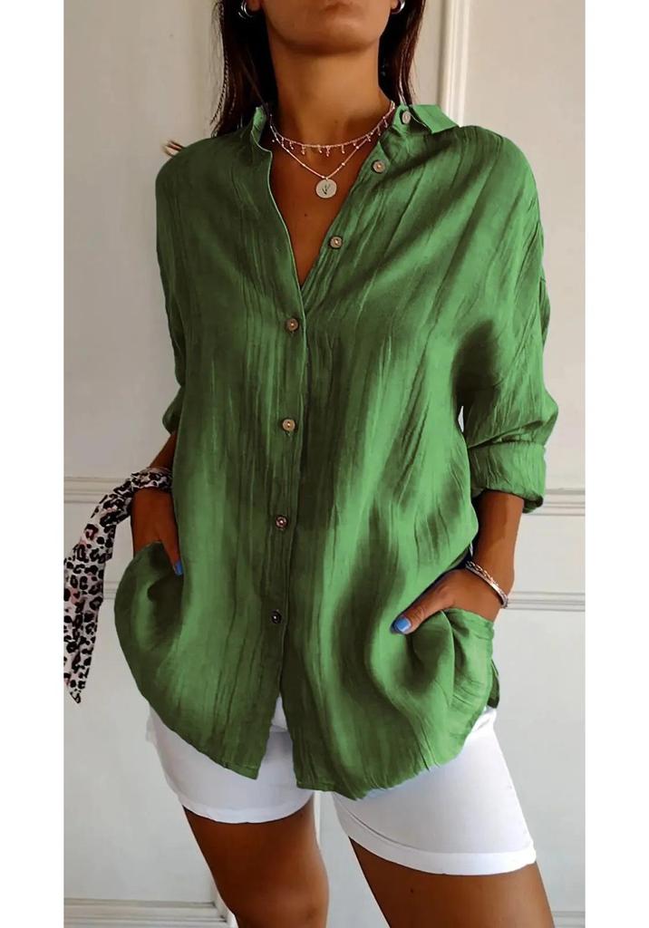 2024 Women's Solid Color Pleated Lapel Shirt - European & American Style, Single-Breasted Roll-Up Sleeve Top