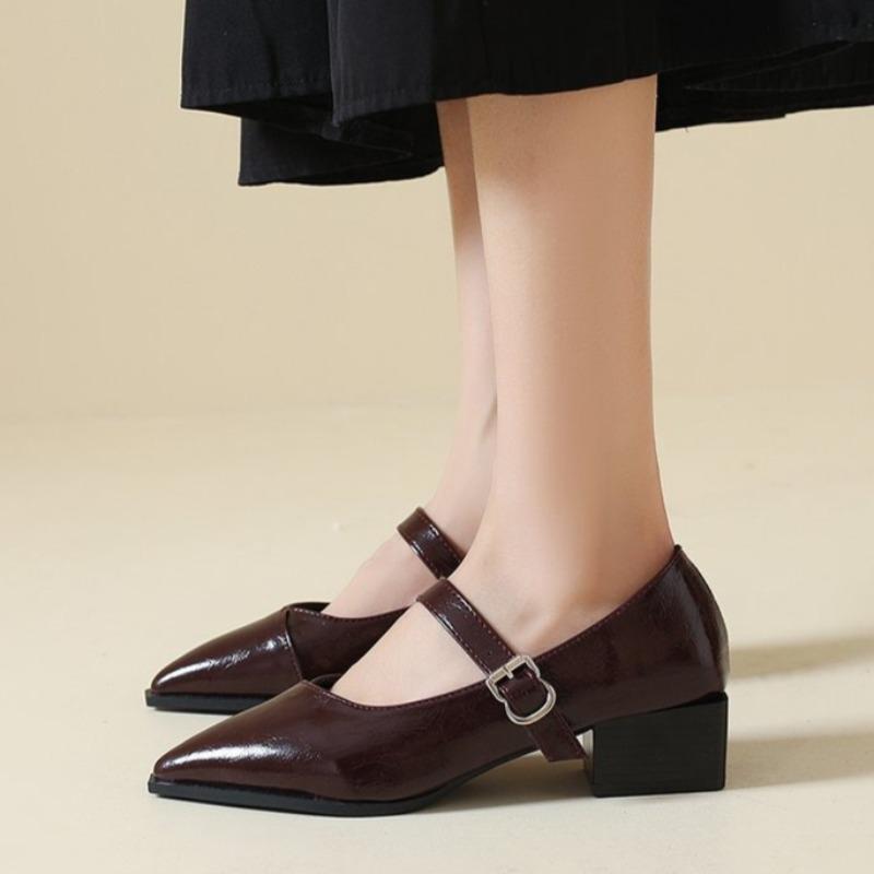 Retro Mid-length Single Shoes Spring and Summer New Fashion Belt Buckle Pointed Toe Comfortable Shallow Toe Leather Shoes 35-44