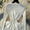 Elegant Ruffle Knit Vintage Chic V-neck Breasted Long Sleeves Slim Dresses French Office Lady High Street Autumn Winter Clothing