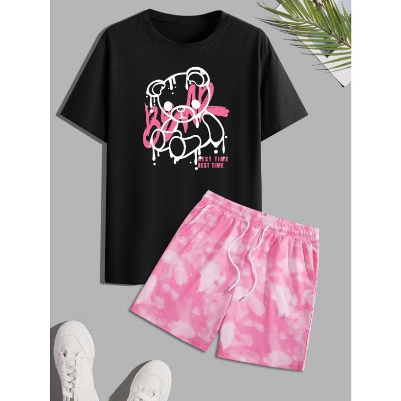 Men s simple, fashionable and casual two-piece set with loose short sleeves and beach shorts S
