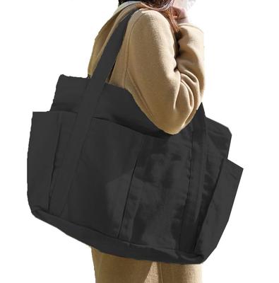ZIP CORPORATION Canvas Tote Bag, Large Capacity, Solid Cotton Canvas, Convenient Design with Multiple Storage Pockets and Top Zipper, Black, Approx.